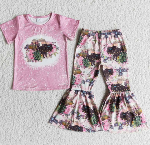 E12-15 Cow Pink Short Sleeve Printed Flared Pants set
