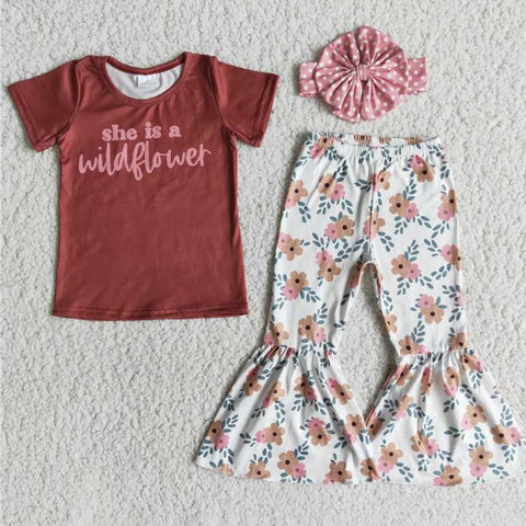 E13-30 Letter Short Sleeve Top Print Flared Pants set