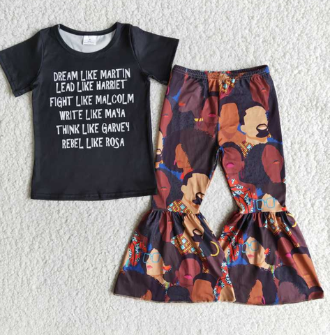 E11-19 Alphabet Black Short Sleeve Flared Pants Set