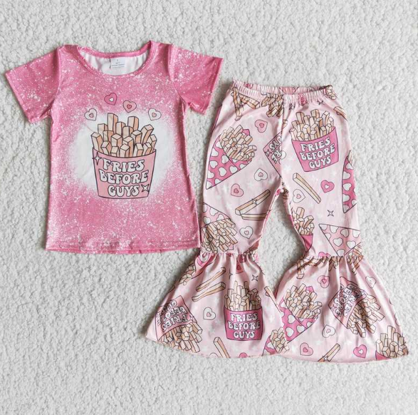 E12-18 French Fries Heart Short Sleeve Flared Pants Set