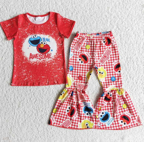 E11-17 awesome red short sleeve flared pants set