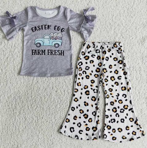 E9-17 EASTEK EGG bow short-sleeve leopard-print flared pants set