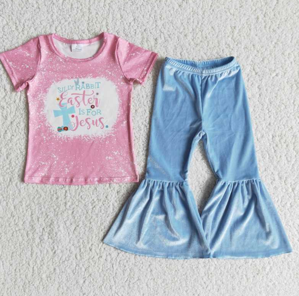 E12-11 Pink Cross Short Sleeve Blue Gold Velvet Flared Pants set