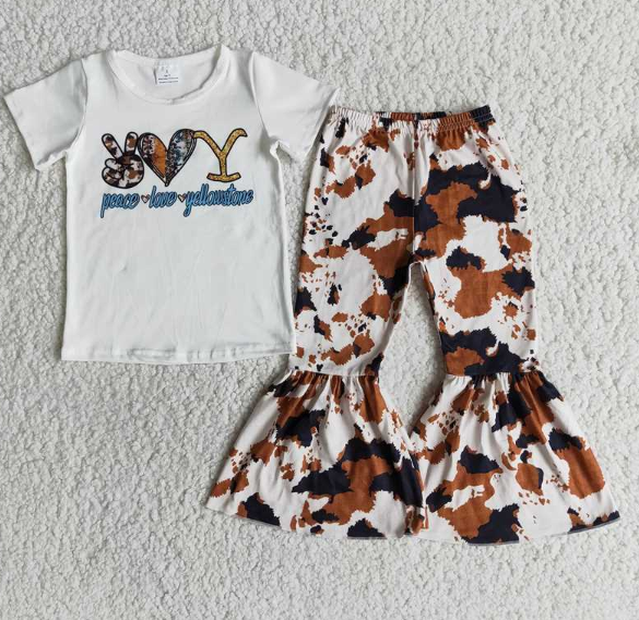 E11-13 Gesture Heart Short Sleeve Ink Pattern Flared Pants Set