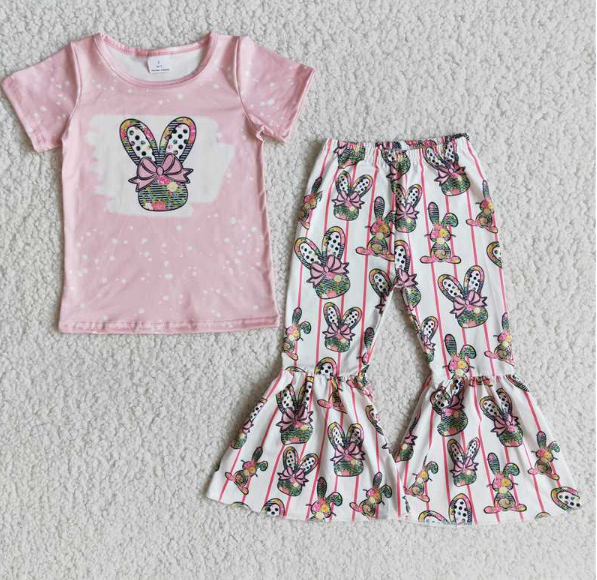E10-16 Easter Pink Short Sleeve Rabbit Flare Pants Set