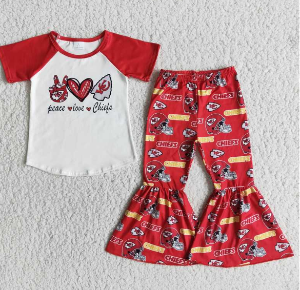 E10-12 Gesture Heart UK Red Short Sleeve Flared Pants Set