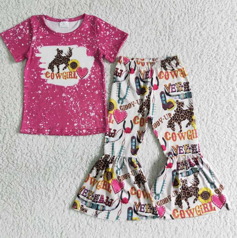 C1-27 COW GirRL Short Sleeve Sunflower Flare Pants Set