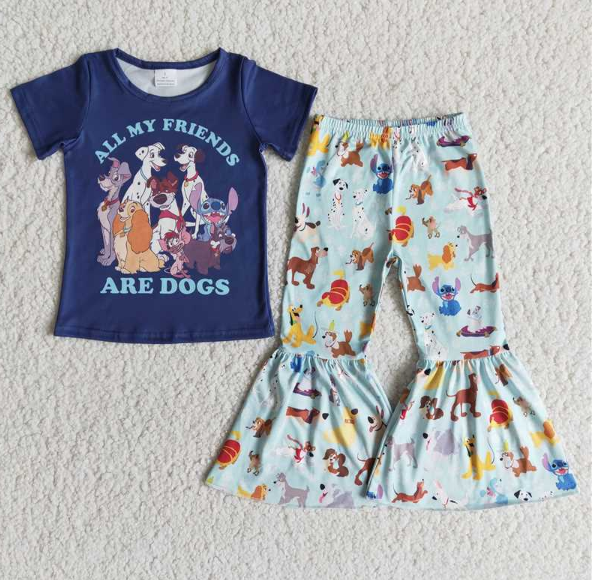E7-18 ARE.DOGS Dark Blue Short Sleeve Flared Pants Set