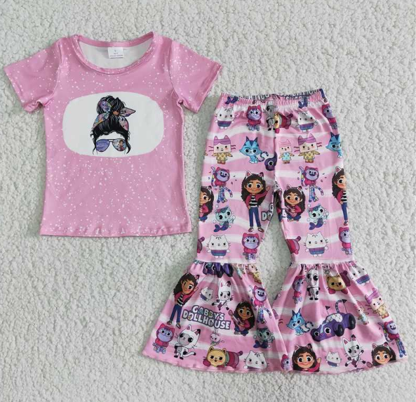 A12-11 Glasses Girl Short Sleeve Cartoon Cat Flared Pants Set