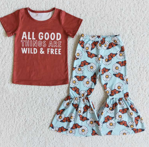E7-28 GOOD monogram short-sleeve butterfly flared pant set
