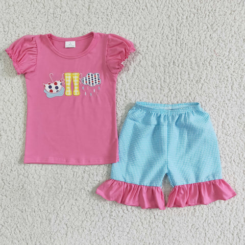 GSSO0123 Girls Embroidered Umbrella Rain Boots Pink Short Sleeve Shorts Set