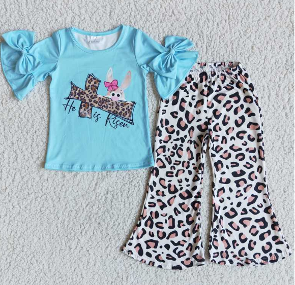 E5-1 Easter Cross Blue Short Sleeve Leopard Flared Pants Set