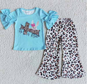 E5-1 Easter Cross Blue Short Sleeve Leopard Flared Pants Set