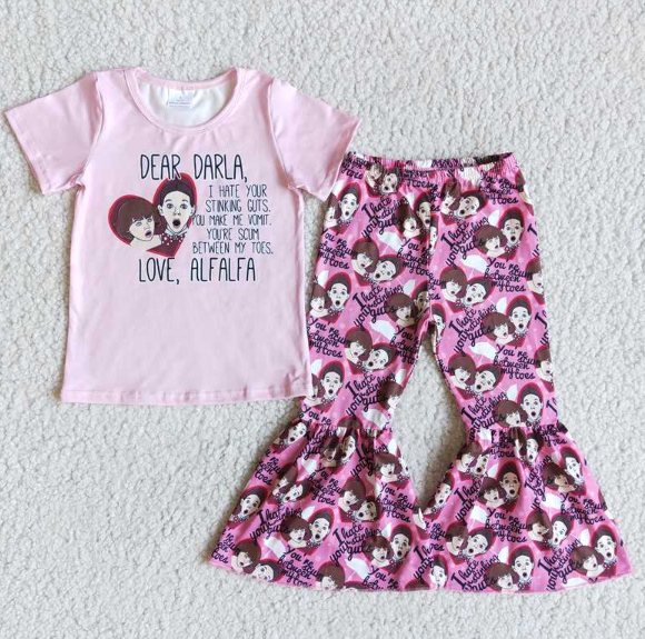 E5-15 Cartoon character LOVE pink short-sleeved flared pants set