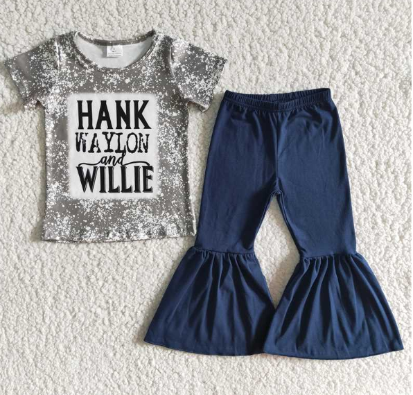E6-13 WILLIE Short Sleeve Top Dark Blue Flared Pants set