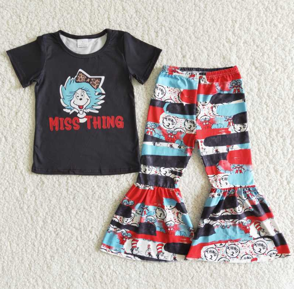 E6-12 THING Black Short Sleeve Flared Pants Set