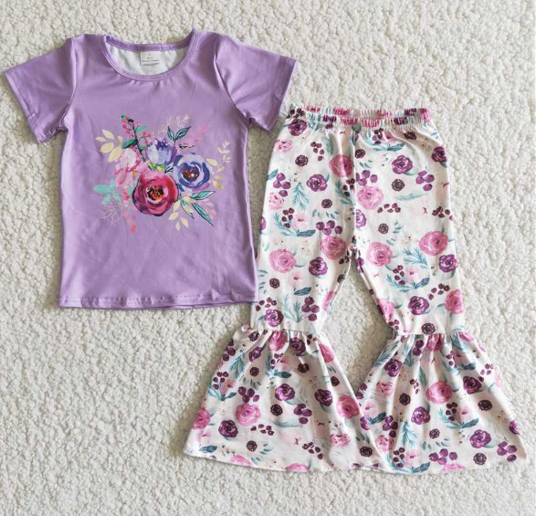 E7-3 Purple Print Short Sleeve Flared Pants Set