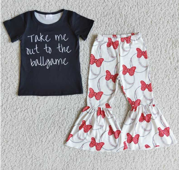 E7-4 Take Black Short Sleeve Bow Flared Pants Set