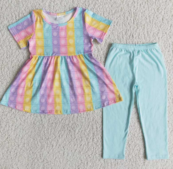 E6-2 Colorful Short Sleeve Top Green pant Set