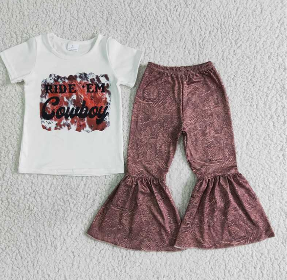 B15-28 Cowboy White Short Sleeve Flared Pants Set