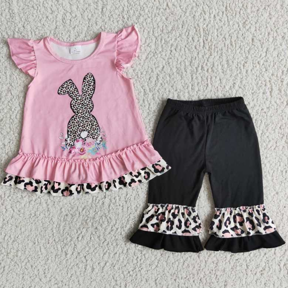 E6-17 Easter Leopard Bunny Fly Sleeve Black Cropped Pants Set