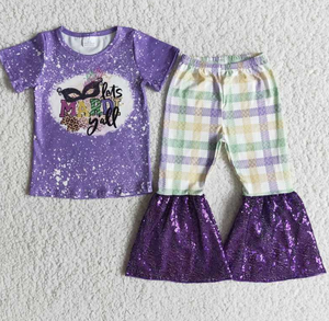 E5-17 MARDI Purple Short-Sleeve Plaid Sequin Flare Pants set