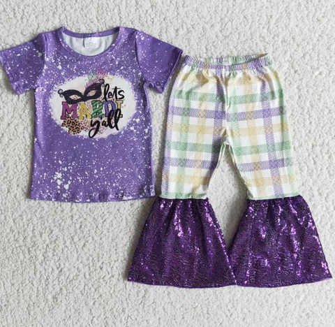 E5-17 MARDI Purple Short-Sleeve Plaid Sequin Flare Pants set
