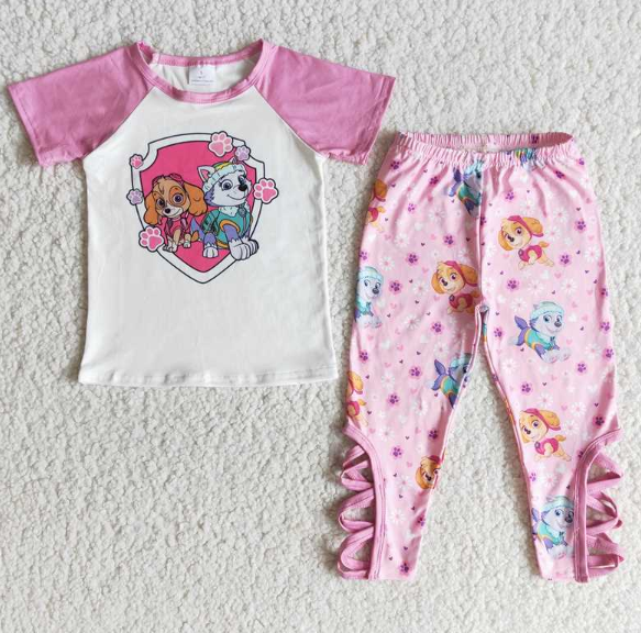 E6-29 Cartoon dog pink short-sleeved trousers set