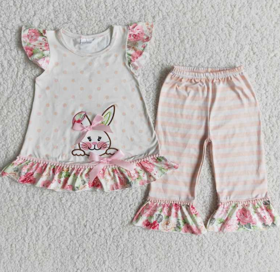 E6-18 Easter Embroidered Bunny Short Sleeve Striped pant set