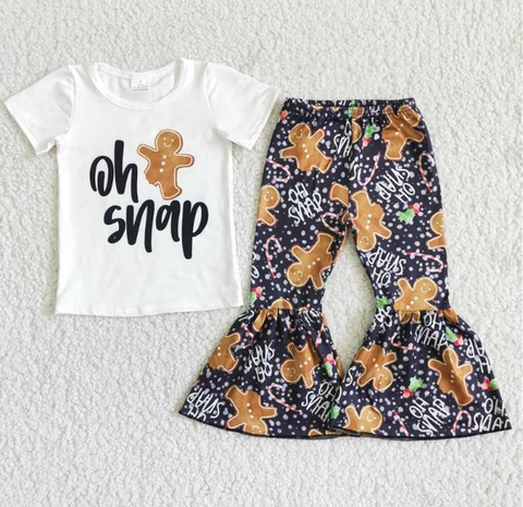 D12-14 Alphabet Gingerbread White Short Sleeve Villain Flared Pants Set