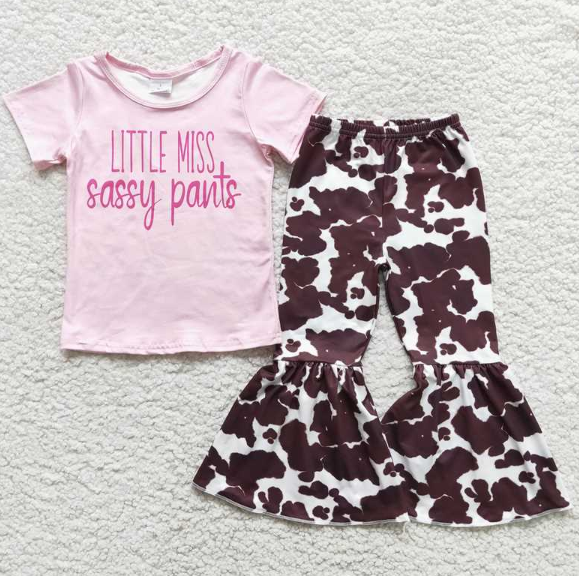 D10-1 Pink Lettering Short Sleeve Cow Flare Pants set
