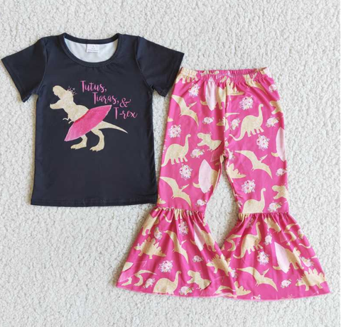D9-5 Black Short Sleeve Dinosaur Pattern Flared Pants Set