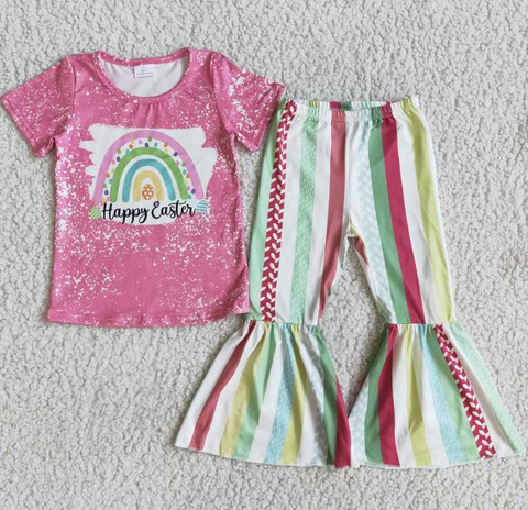 D5-19 Rose Red Short Sleeve Striped Flared Pants set
