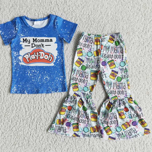 D11-3 My mom Blue Short Sleeve Top Flared Pants Set