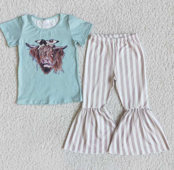 D2-20 Bull Head Short Sleeve Striped Flared Pants set