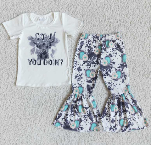 E9-30 cow white short-sleeved cow-print flared pants set