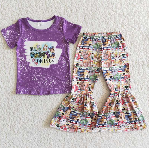D12-5 Purple Short Sleeve Cartoon Team Flared Pants Set