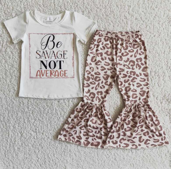 D8-16 Letter Short Sleeve Top Leopard Print Flared Pants set