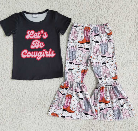 E1-14 Alphabet Black Short Sleeve Boots Pattern Flared Pants set