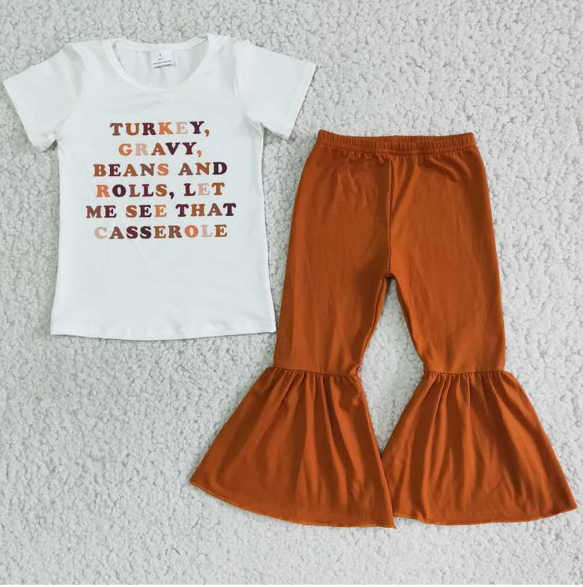 D7-18 Letter Short Sleeve Brown Flared Pants  set