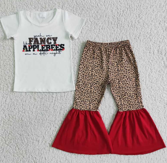 E4-20 Letter White Short Sleeve Top Leopard Print Flared Pants set