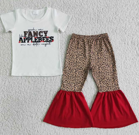 E4-20 Letter White Short Sleeve Top Leopard Print Flared Pants set