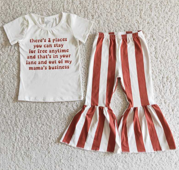 E4-4 Letter Short Sleeve Top Brown Striped Flared Pants Set