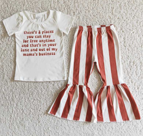 E4-4 Letter Short Sleeve Top Brown Striped Flared Pants Set