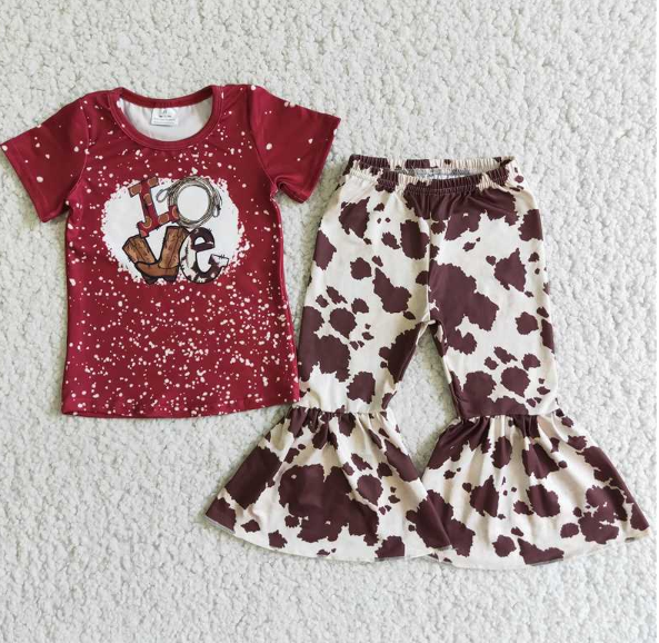 E2-3 LOVE Red Short Sleeve Top Cow Spot Flared Pants Set