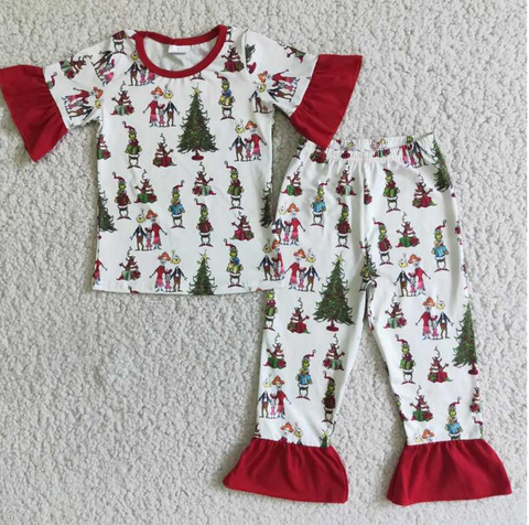 D2-4 Girls Christmas Tree Short Sleeve Lace Suit Pajamas set