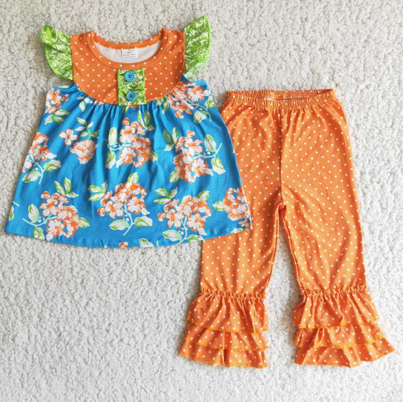 D1-4 Flowers Small Flying Sleeves Orange Polka Dot Ruffle pant set