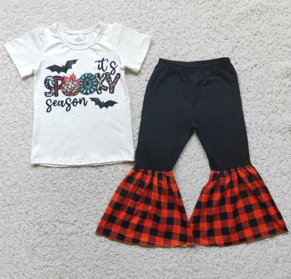 E4-17 Pumpkin Bat White Top Black Flared Pants Outfit set