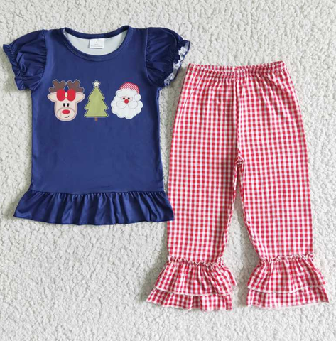 D1-2 Christmas tree blue short-sleeved top red plaid pant set
