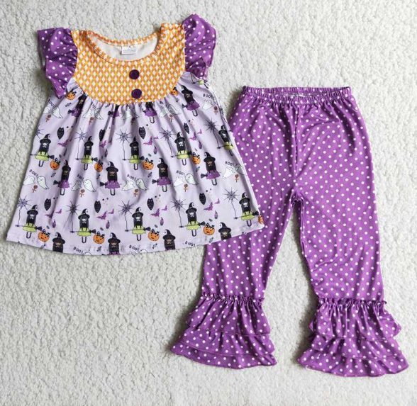 D2-3 Halloween Flying Sleeve Purple Polka Dot Pants Set